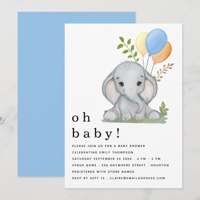 Invitation Ballons Eléphants Bleu Baby shower garçon (Devant / Derrière)