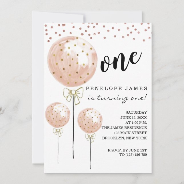 Invitation Ballons en coton rose vif 1er anniversaire (Devant)