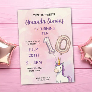 Invitation Ballons en feuille pastel Licorne Fille 10e annive