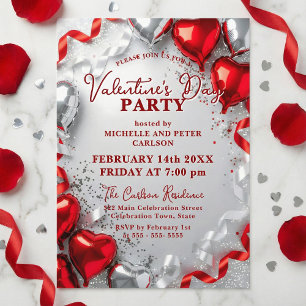 Invitation Ballons en forme de cœur en argent rouge pour la f