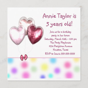 Invitation Ballons en forme de cœur roses pour l'anniversaire