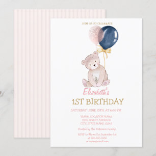 Invitation Ballons en forme d'ours en peluche rayés Anniversa