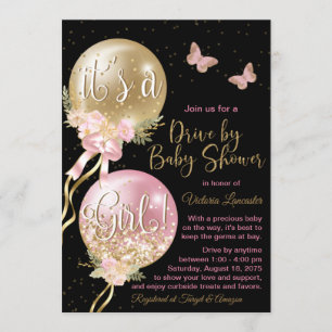 Invitation Ballons en or rose Papillons Fête de bébé Covid