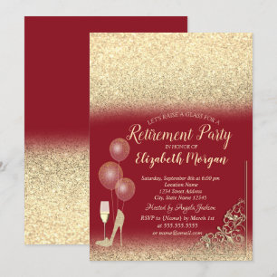 Invitation Ballons en Verre Doré Paillettes Rouges Retraite