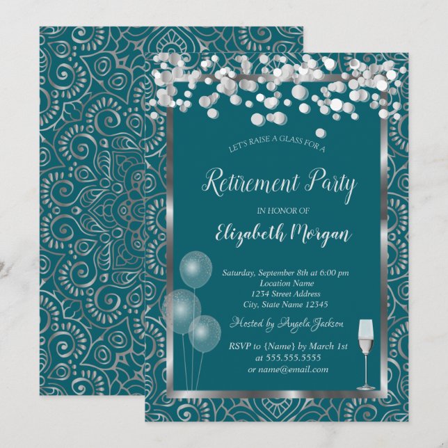 Invitation Ballons en verre Silver Mandala Green Retirement (Devant / Derrière)