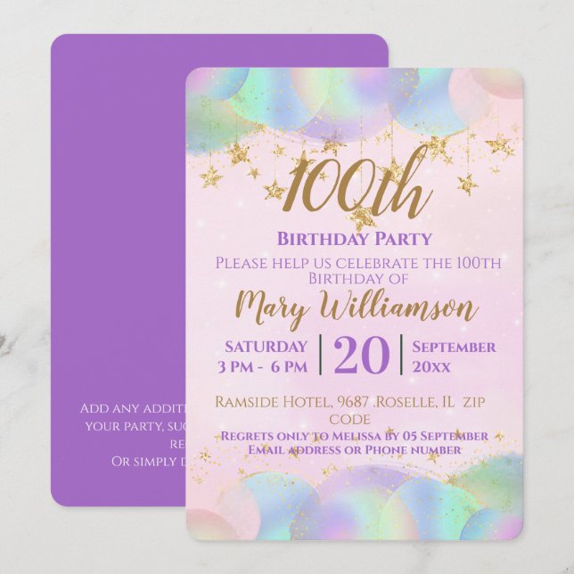 Invitation Ballons et étoiles rose 100e fête d'anniversaire (Devant / Derrière)