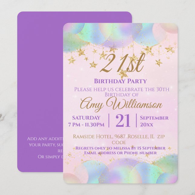 Invitation Ballons Et Étoiles Rose 21ème Anniversaire Fête (Devant / Derrière)