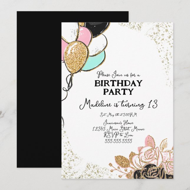 Invitation Ballons et fleurs rose noir fête d'anniversaire (Devant / Derrière)
