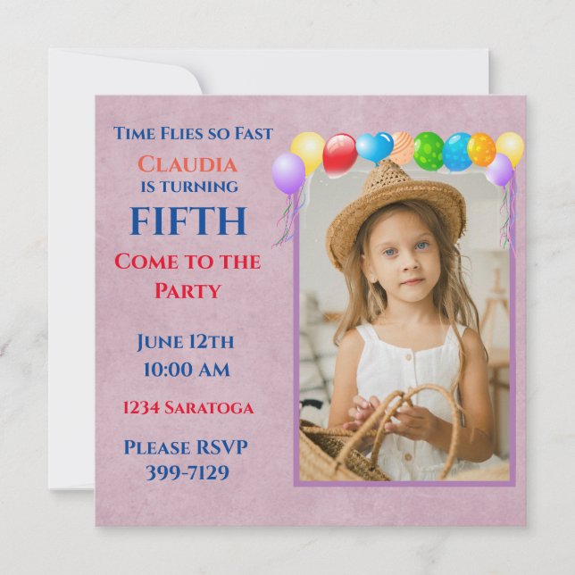 Invitation Ballons Festifs Photo rose fête d'anniversaire (Devant)