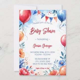 Invitation Ballons Floraux Aquarelle Fête de Naissance Garçon