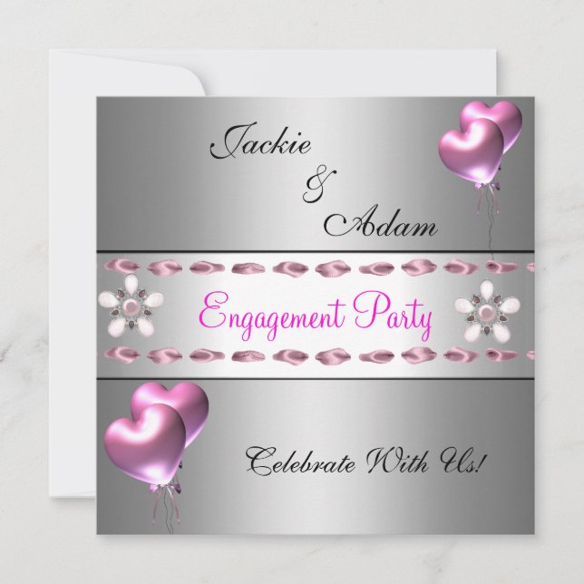 Invitation Ballons floraux rose argent de la partie d'engagem (Devant)