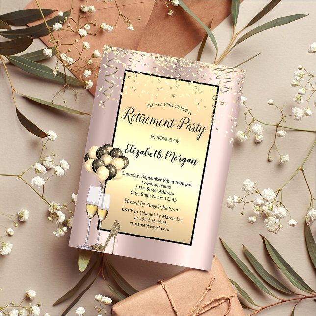 Invitation Ballons, Gold Confetti Rose Gold Retraite (Créateur téléchargé)