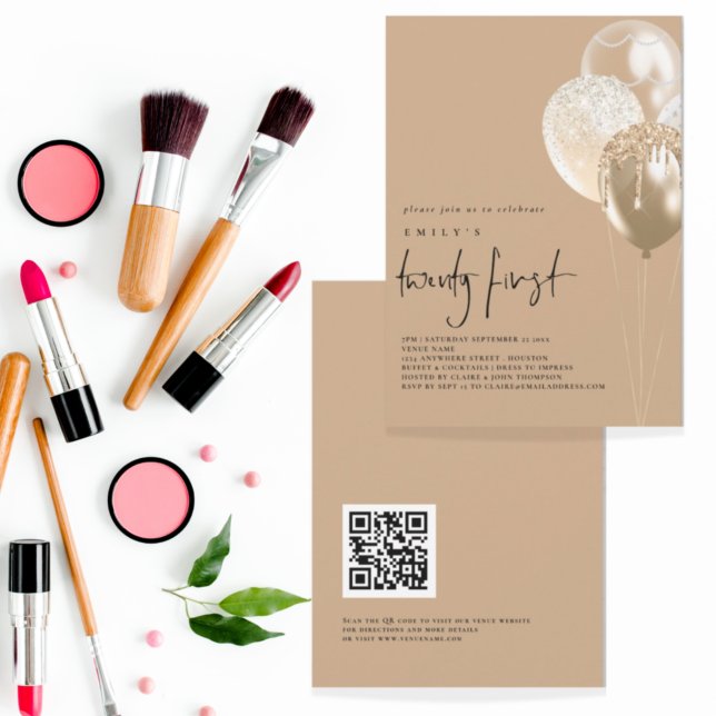 Invitation Ballons Gold Ivory QR Code 21e fête d'anniversaire (Créateur téléchargé)