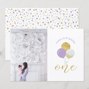 Invitation Ballons Gold & Purple   Fille 1er fête d'anniversa