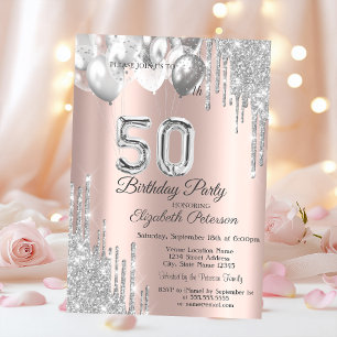 Invitation Ballons gouttes de paillettes argentées Rose Gold