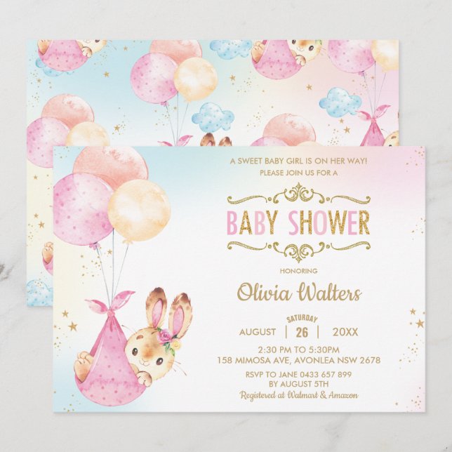 Invitation Ballons lapin mignon Baby shower fille fille (Devant / Derrière)
