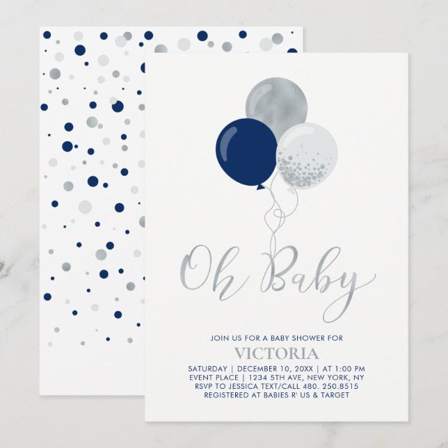 Invitation Ballons Marine et Argent | Oh Baby Boy Baby shower (Devant / Derrière)