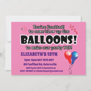 Invitation BALLONS mignon fun prêt à pop anniversaire