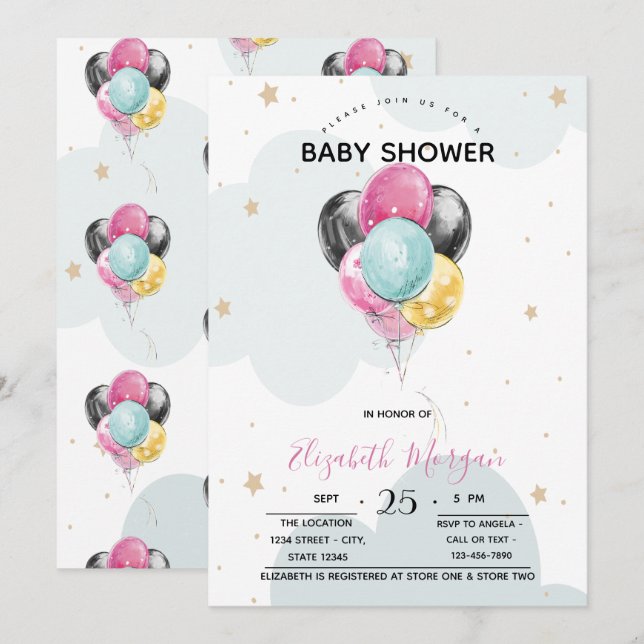 Invitation Ballons mignons, Étoiles, Nuages (Devant / Derrière)