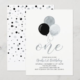 Invitation Ballons Noir & Argent Un 1er Garçon fête d'anniver