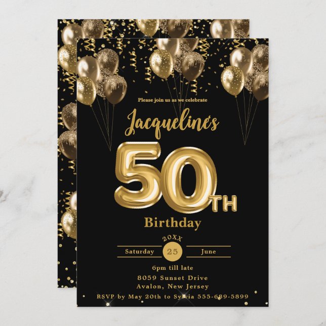 Invitation Ballons Noir et Or Confetti 50e anniversaire (Devant / Derrière)