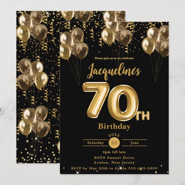 Invitation Ballons Noir et Or Confetti 70e anniversaire (Devant / Derrière)