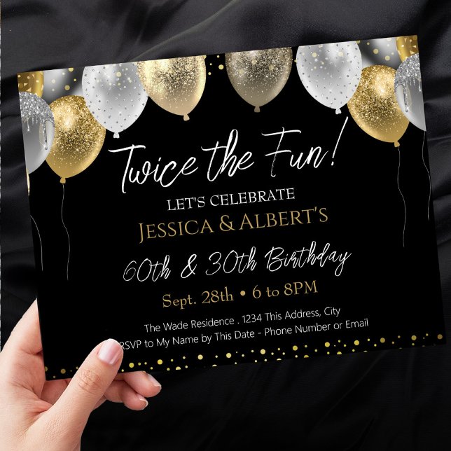 Invitation Ballons noir et or double anniversaire (Créateur téléchargé)