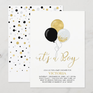 Invitation Ballons noirs et dorés   C'est un garçon pour la B