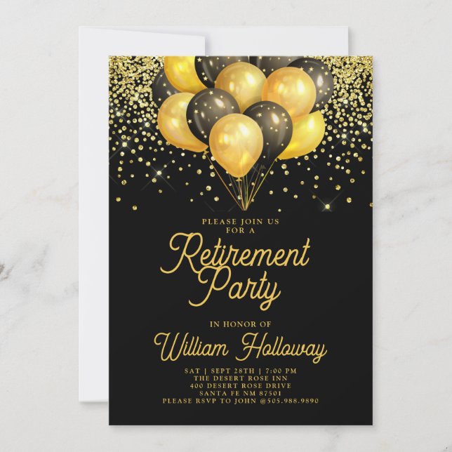 Invitation Ballons noirs or et noir pour fête de retraite (Devant)