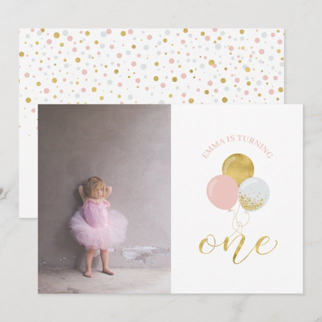 Invitation Ballons or et rose | Fille 1er fête d'anniversaire (Devant / Derrière)