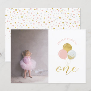 Invitation Ballons or et rose Fille 1er fête d'anniversaire