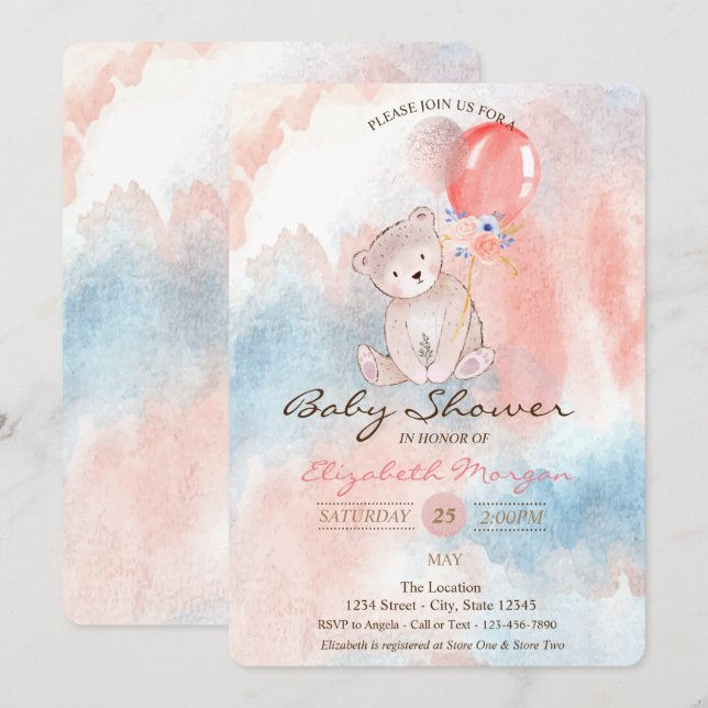 Invitation Ballons Ours en Peluche Lavis Fête Prénatale (Devant / Derrière)