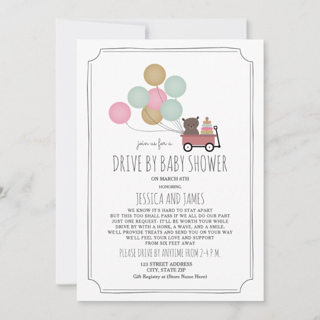 Invitation Ballons Ours En Wagon Conduit Par Baby shower Girl (Devant)