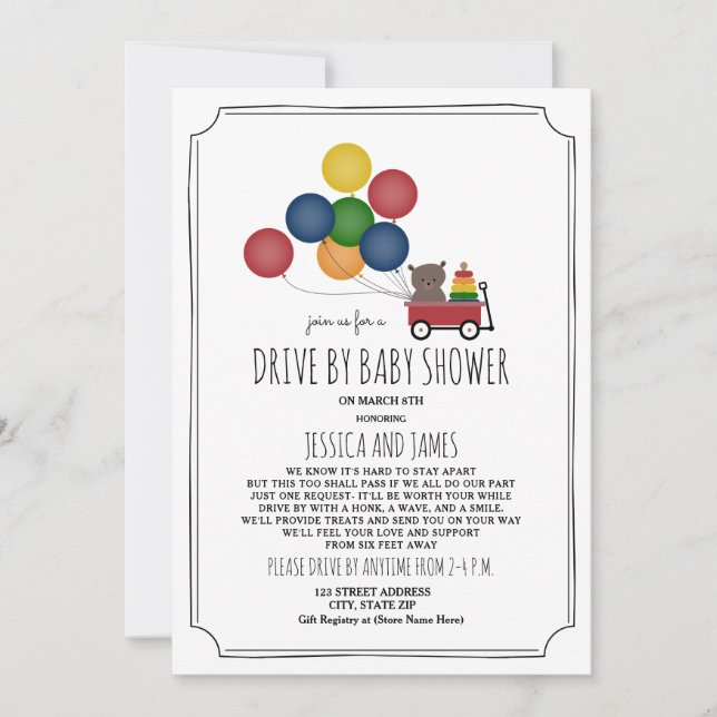 Invitation Ballons Ours En Wagon Conduit Par Baby shower Neut (Devant)