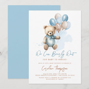 Invitation Ballons Ours Teddy Baby shower Garçon bleu