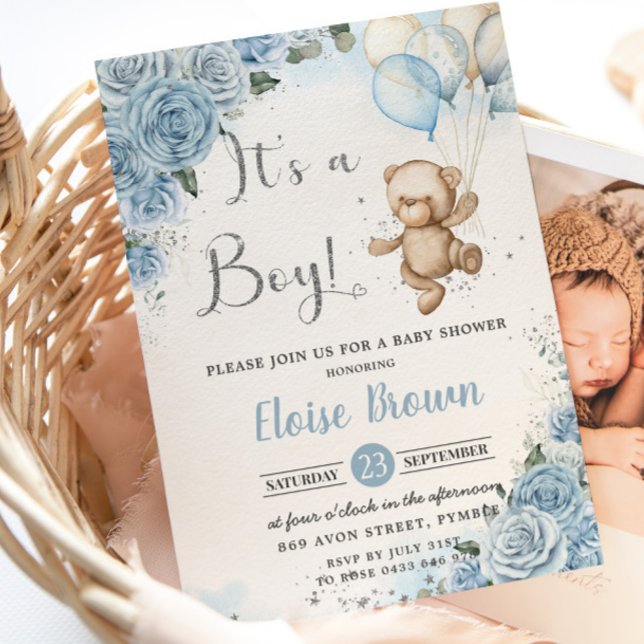 Invitation Ballons Ours Teddy Bébé Bleu Floral Boy Douche (Créateur téléchargé)