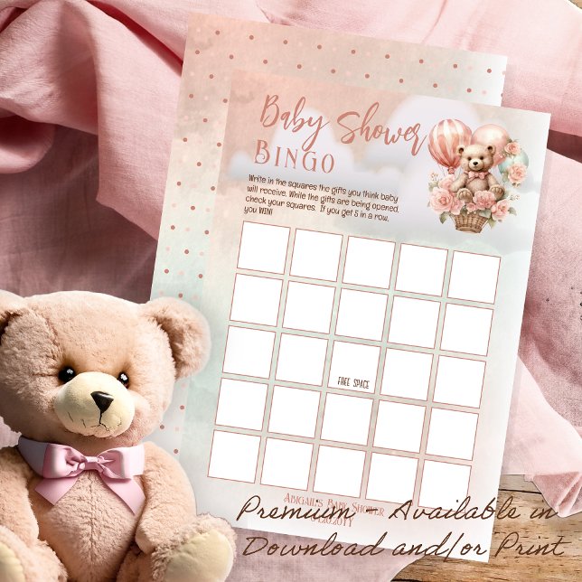 Invitation Ballons Ours Teddy Bingo Baby shower Fille Rose (Teddy Bear Hot Air Balloon | Pink Flowers Girl Baby Shower Bingo Game Download and/or Print)