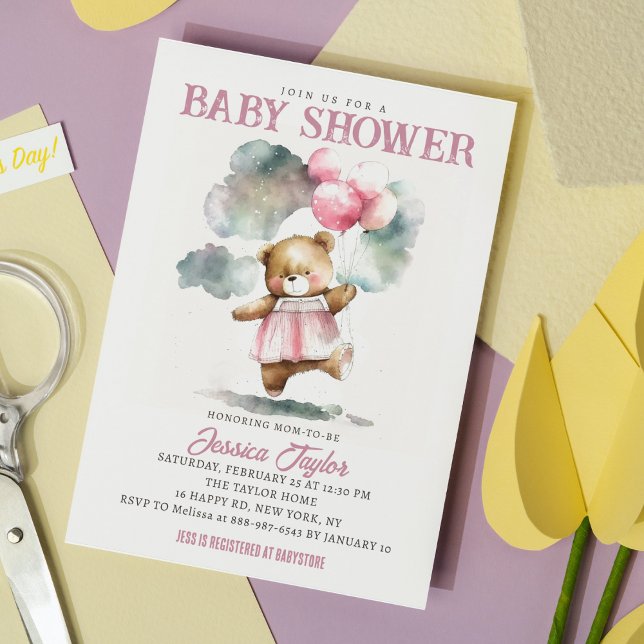Invitation Ballons Ours Teddy Nuages Baby shower Fille (Créateur téléchargé)