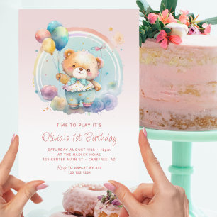 Invitation Ballons Ourson en Rose pour 1er Anniversaire