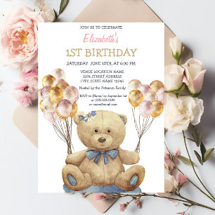 Invitation Ballons Ourson Mignon Rayé Anniversaire