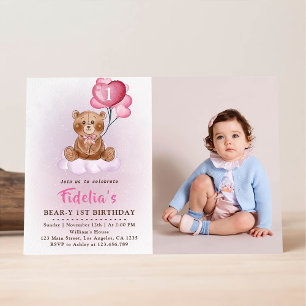 Invitation Ballons Ourson Rose Premier Anniversaire Photo