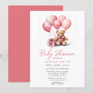Invitation Ballons Oursons en Peluche Rose Baby Shower Fille