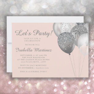 Invitation Ballons Pailletés Rose Pâle Argent Sweet 16