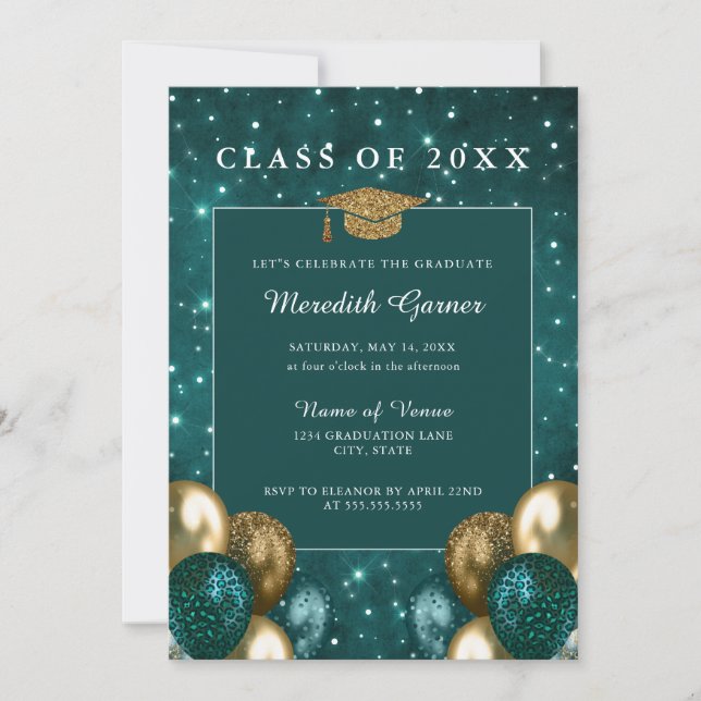 Invitation Ballons Parties scintillant or vert Graduation (Devant)