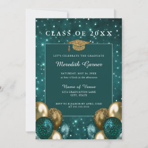 Invitation Ballons Parties scintillant or vert Graduation