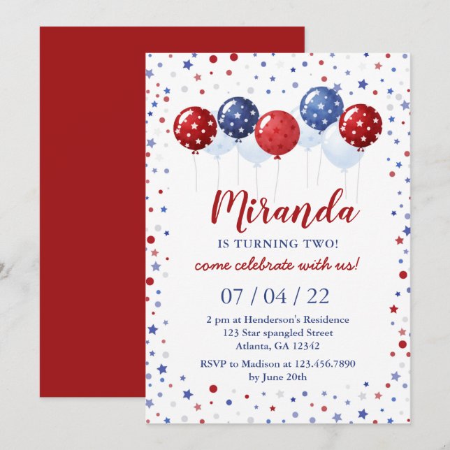Invitation Ballons patriotiques rouges et bleus 4 juillet Ann (Devant / Derrière)