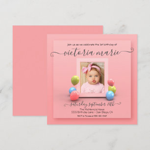 Invitation Ballons photo rose 1er anniversaire