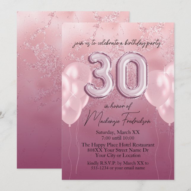 Invitation Ballons pour 30e Anniversaire sur Marbre Rose Pail (Devant / Derrière)