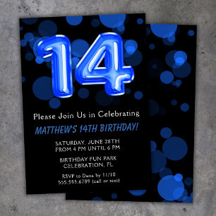 Invitation Ballons pour les 14 ans des enfants garçon bleu Fê