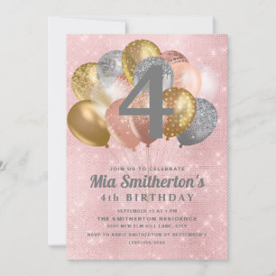 Invitation Ballons Rose Argent Or 4ème Anniversaire Fille